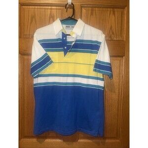 Vtg MCM Polo Shirt Mens Golf Chest Pocket Cream Blue Yellow Stripe Private Club